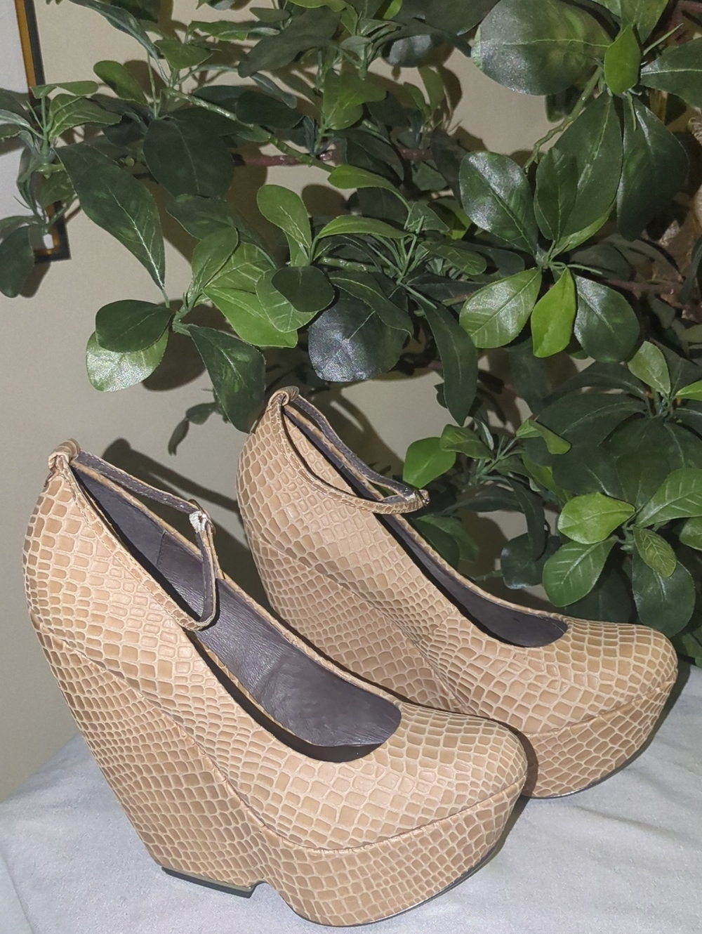 MIA Beige Faux-Croc Platform Pumps with Ankle Strap